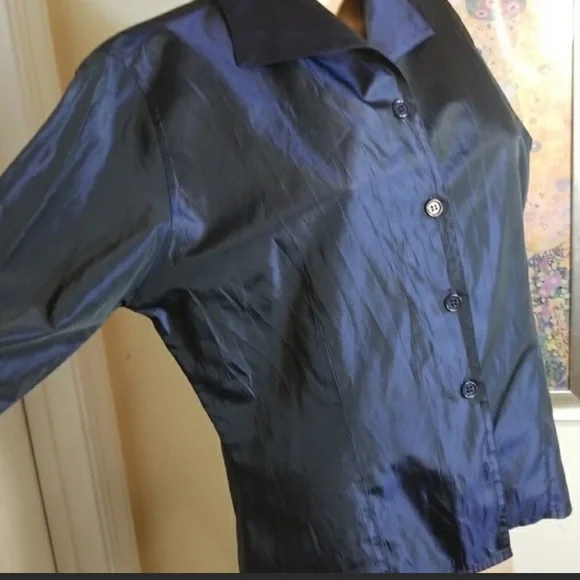 Vintage Designer Gigue Iridescent Blue Black Button Up Blouse EU42 US 12 - Picture 3 of 9